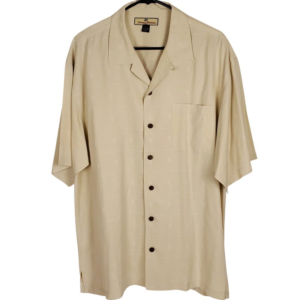 Tommy Bahama Men 100 Silk L Beige/Off White Button Short Sleeve Relaxed Squares